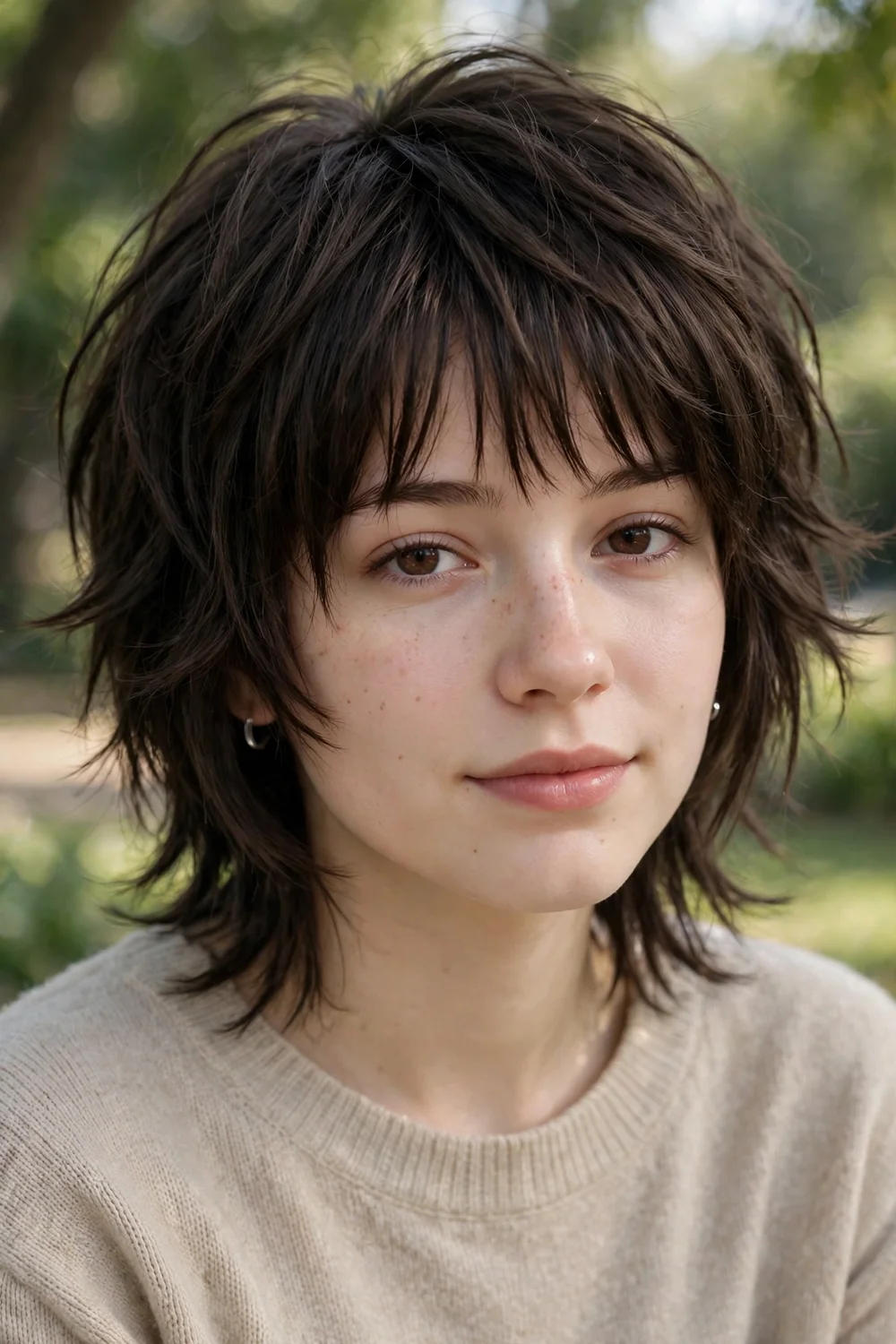 Young woman with a soft emo shag and fringed bangs