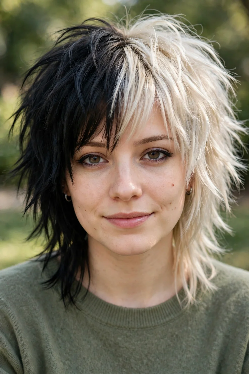 Woman with a two-tone split-dye emo shag in black and blonde