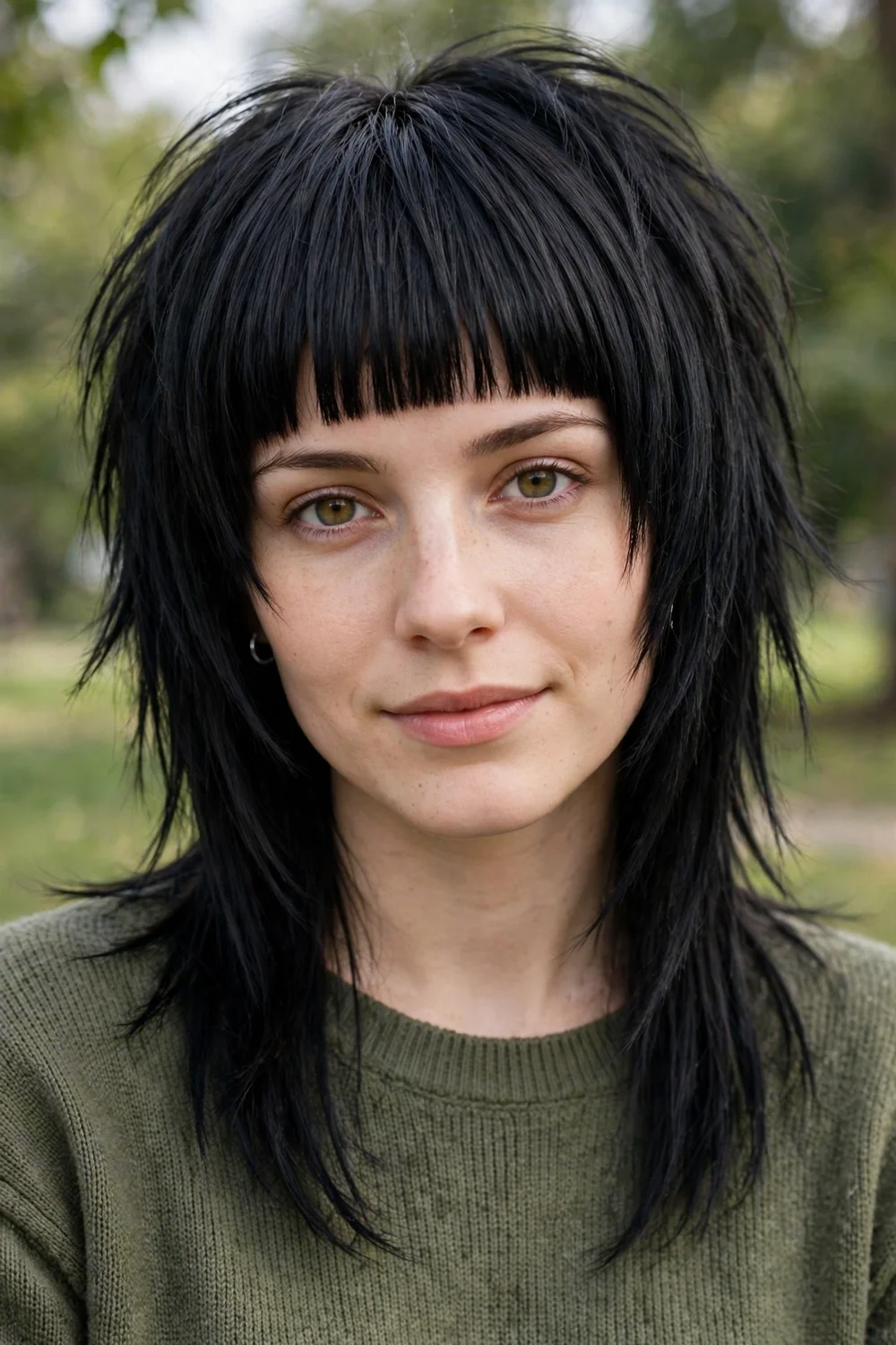 Woman with a straight emo shag and blunt bangs