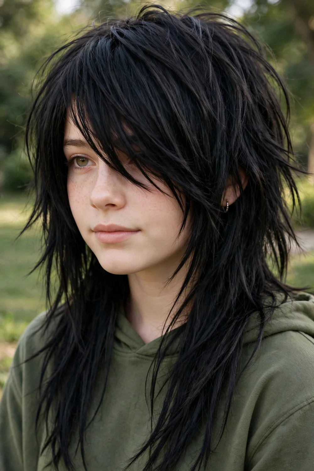 Teen girl with an emo swoop side fringe covering one eye