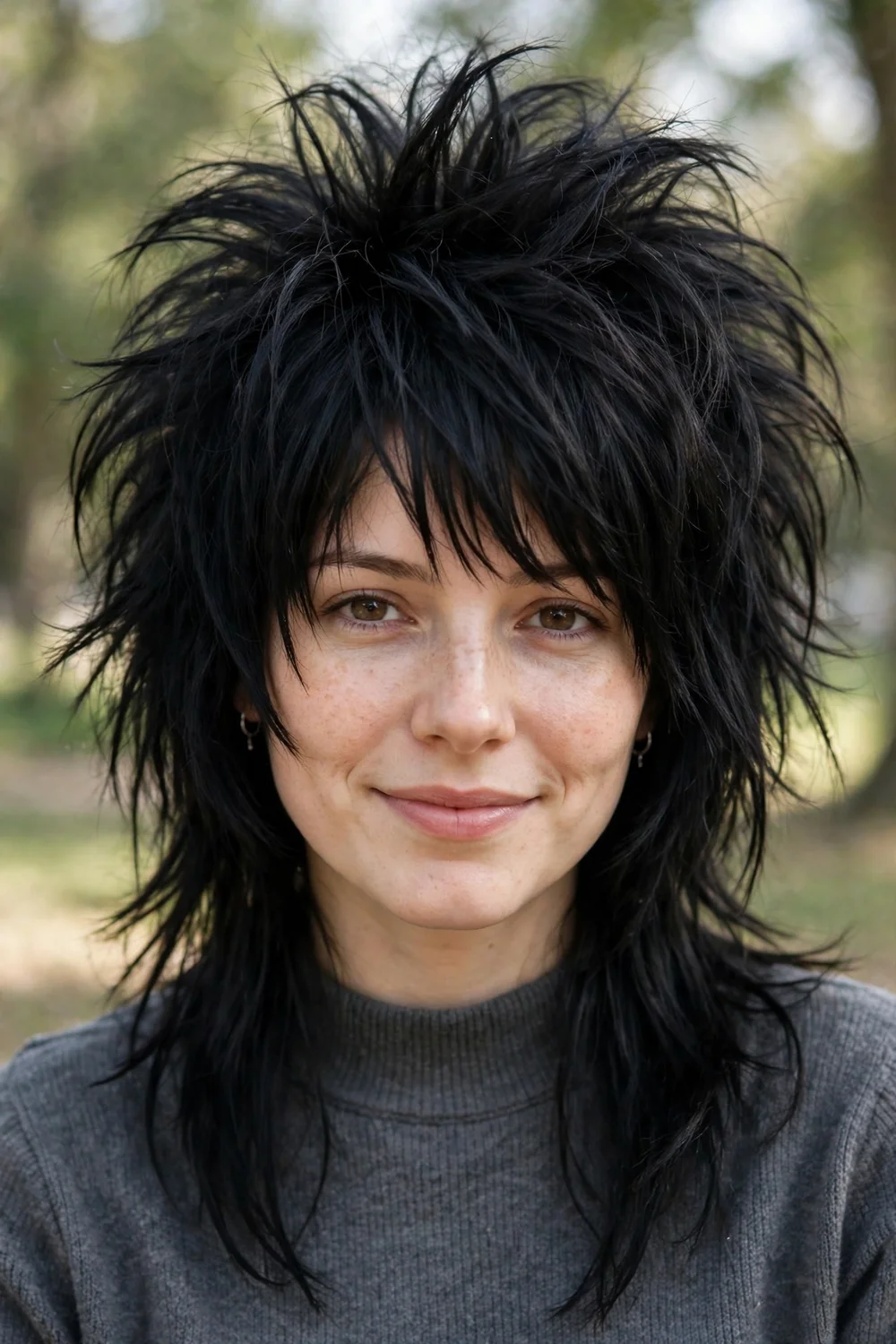 Woman with an emo shag and teased volume at the crown
