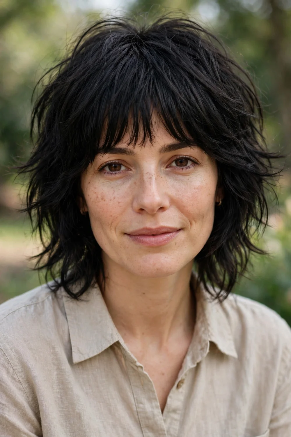 Woman with a tousled black shag and full bangs