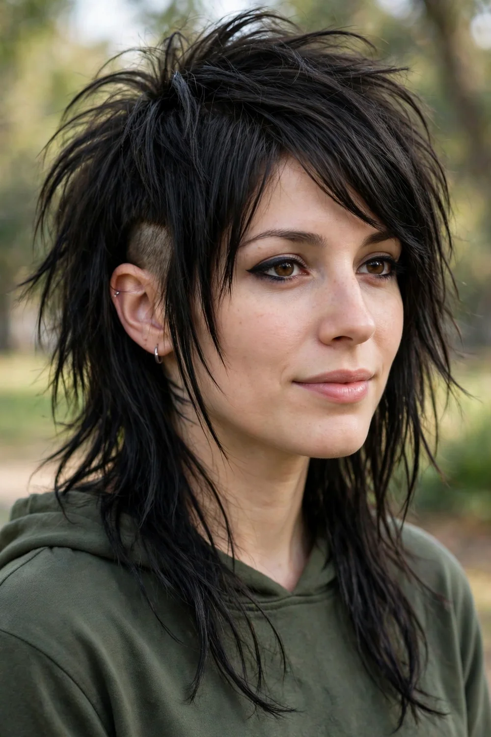 Woman with an emo shag and shaved undercut nape