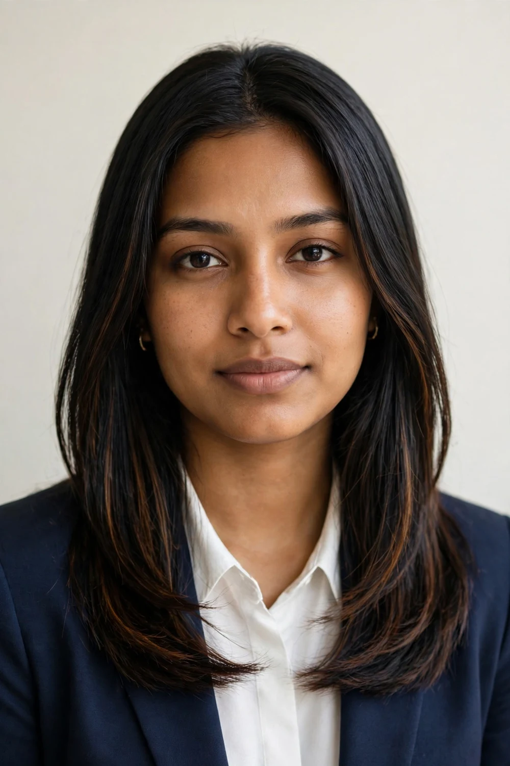 South Asian woman with sleek straight black hair and deep espresso-brown highlights