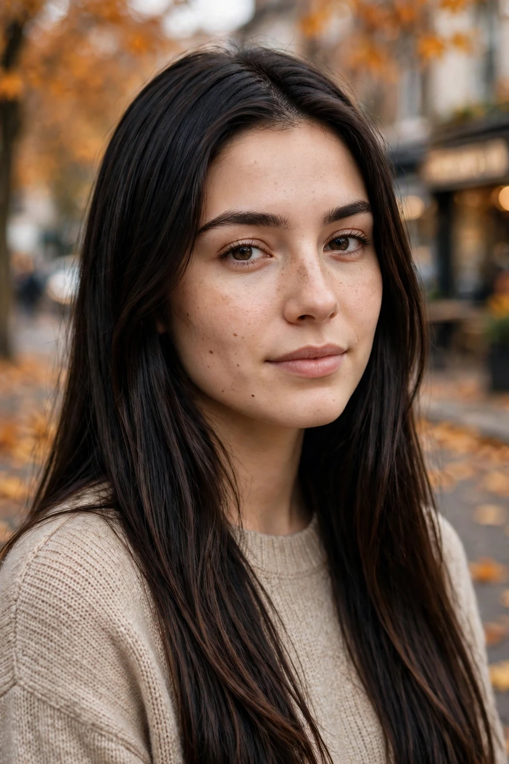 Woman with espresso brunette fall hair color