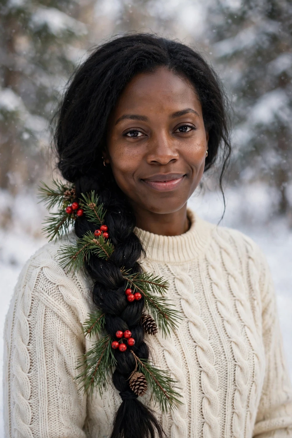 Woman with side braid decorated with pine sprigs and berries