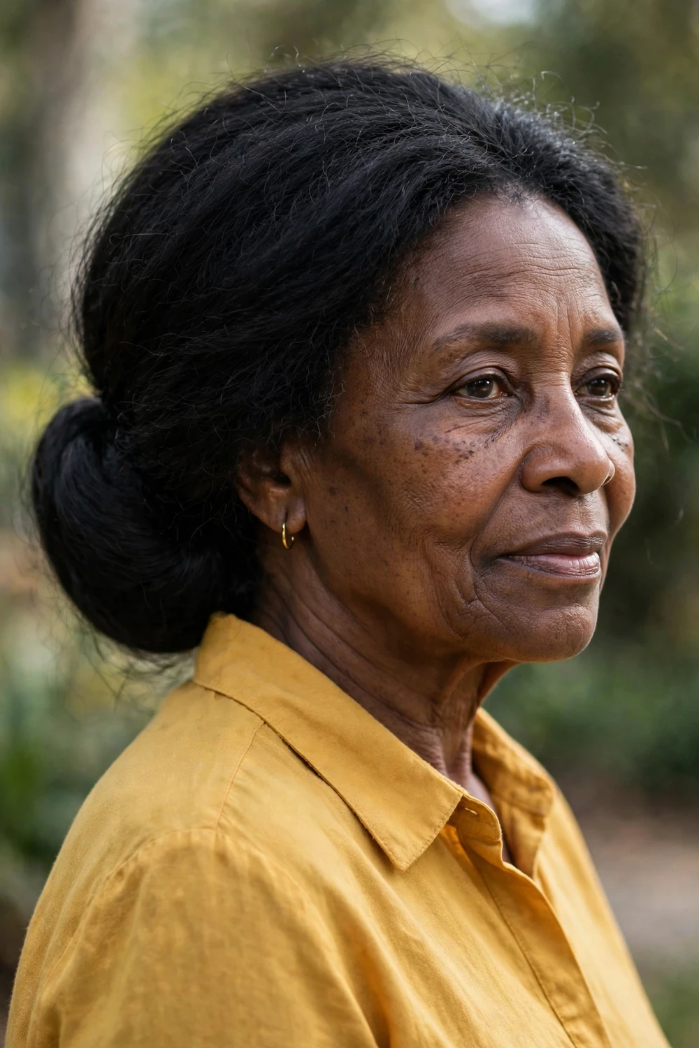 Woman in her 60s with everyday low chignon bun, back side view