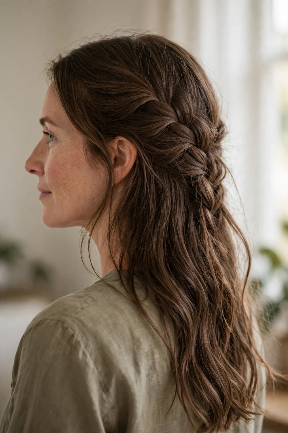 Casual waterfall braid across the side with hair worn down