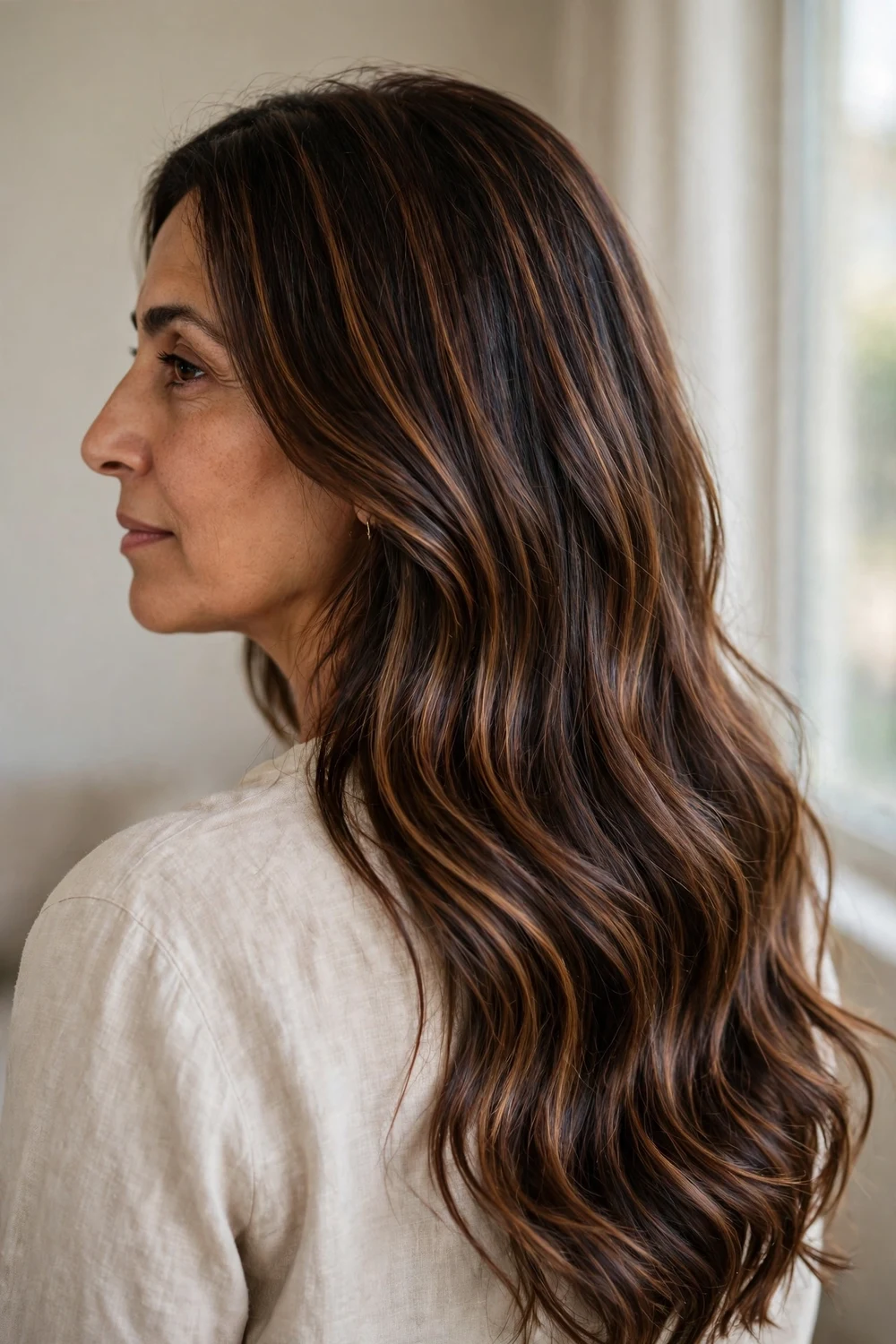Expensive brunette long hair with multi-tonal espresso chestnut and amber ribbons