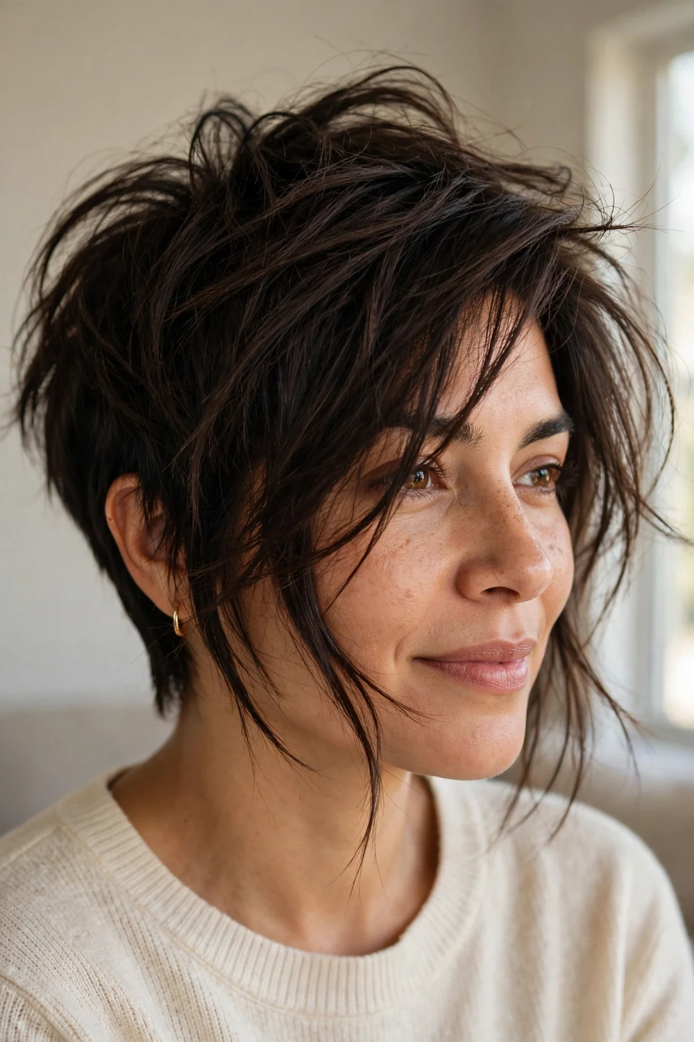 Extra long pixie with strands tossed forward in a messy finish