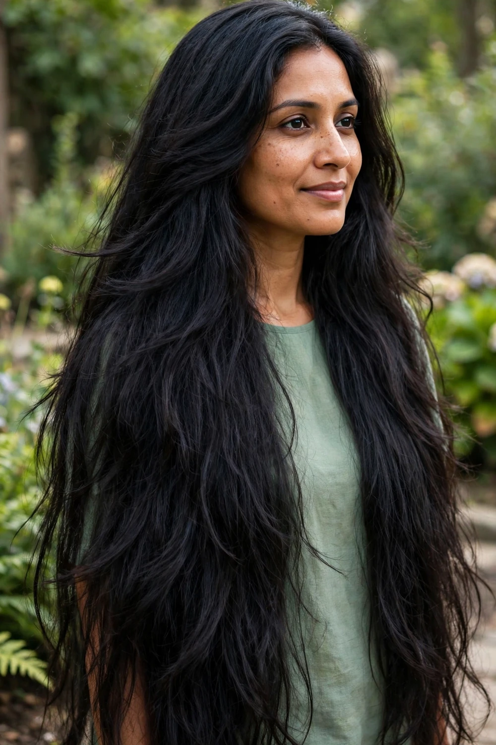 Woman with waist-length hair wearing an extra-long shag haircut, layered structure starting high on very long hair