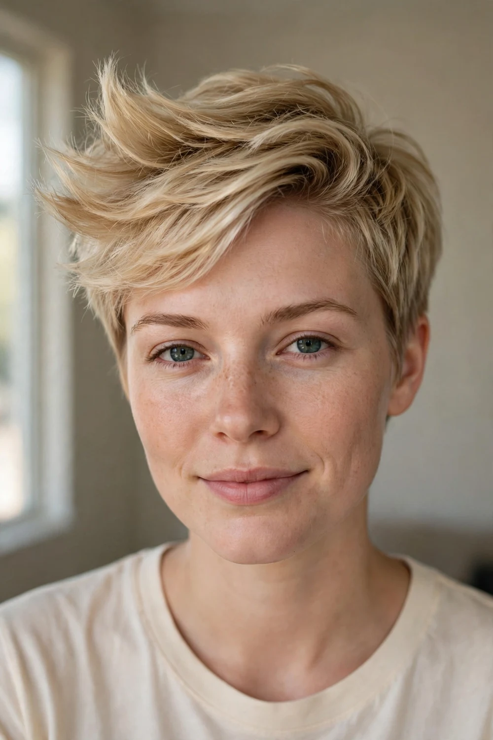 Extra short pixie with bangs teased up and tossed aside