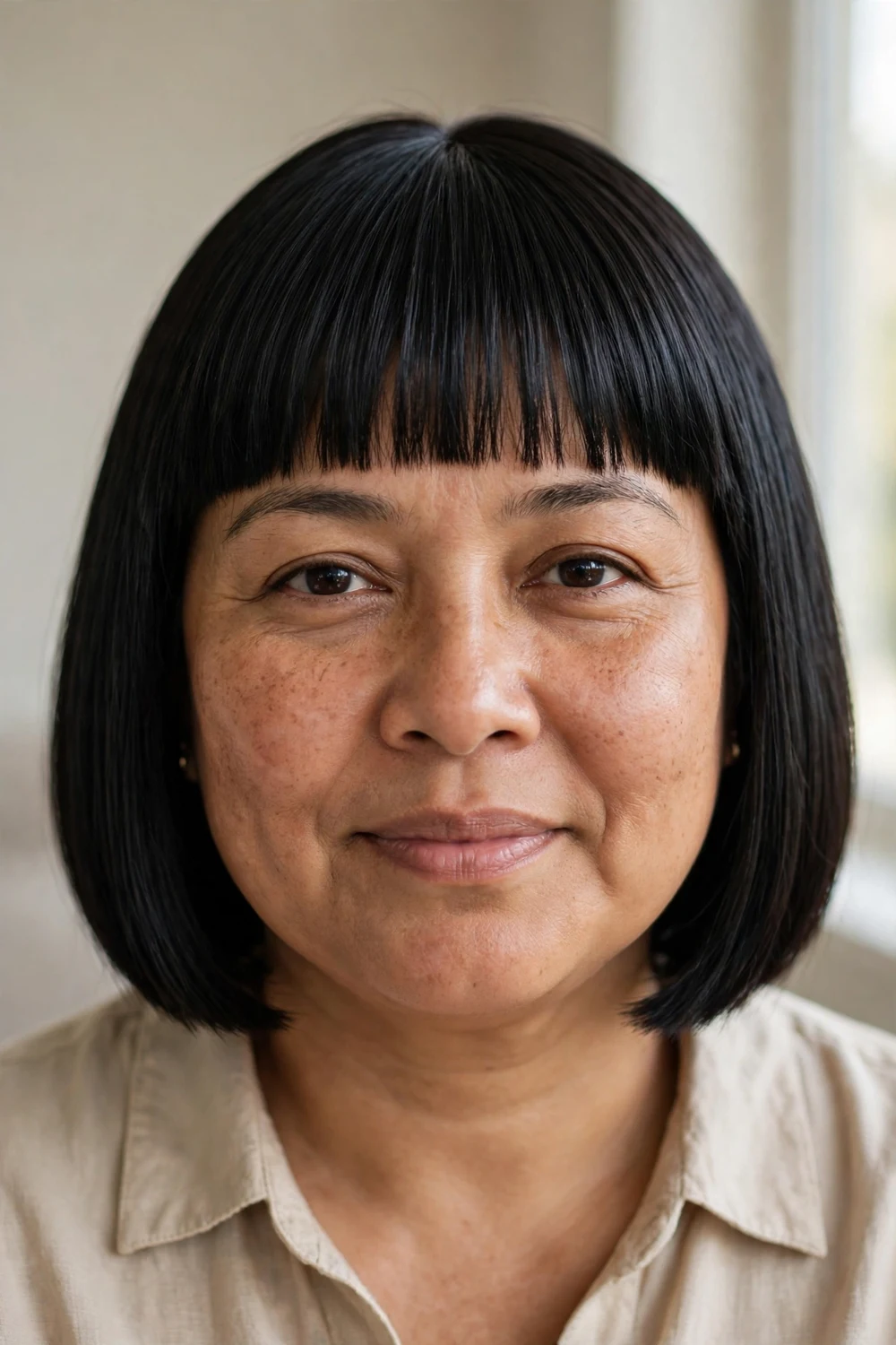 Woman with round face wearing a jet-black blunt bob with eye-skimming bangs