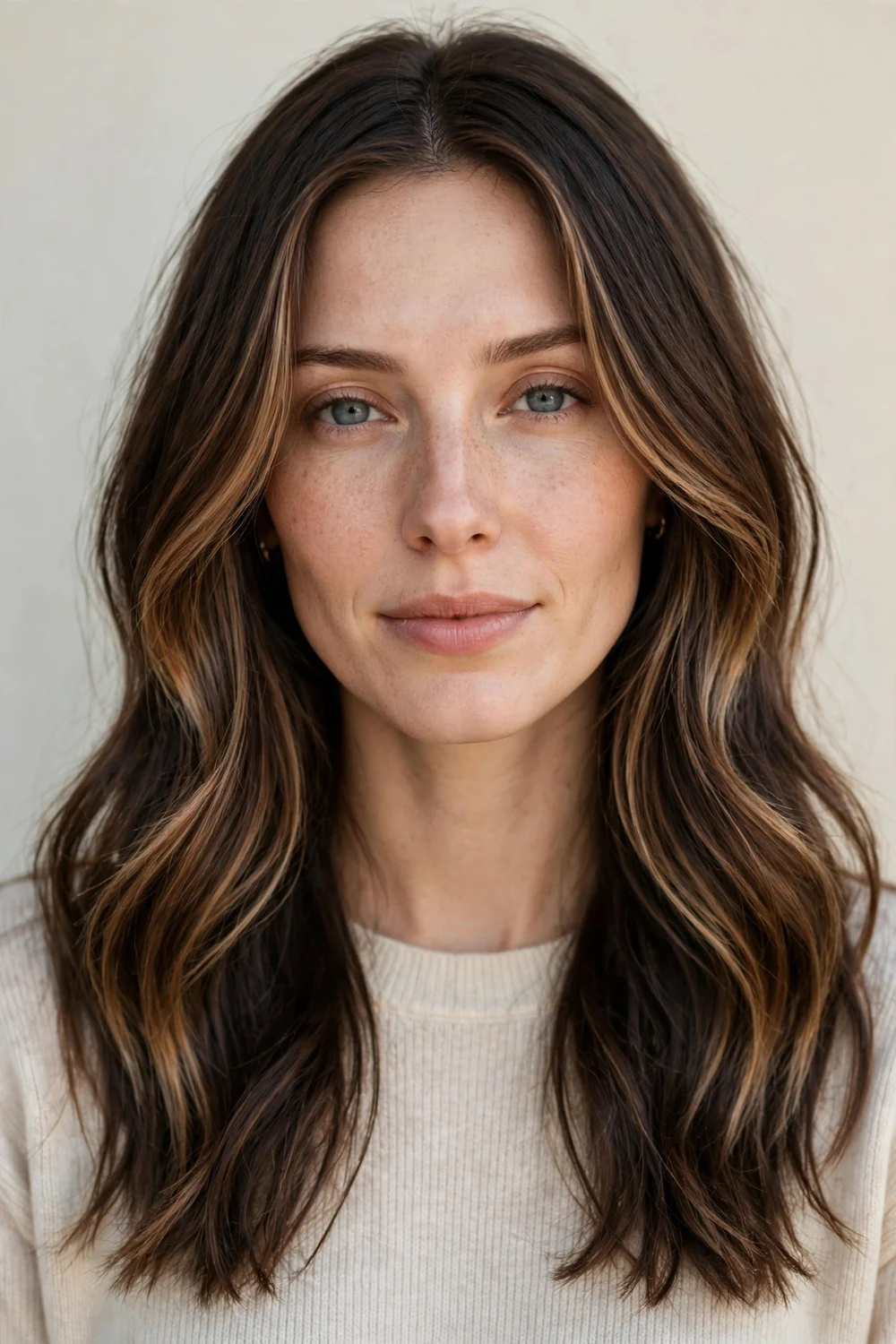 Woman in her late twenties with an oblong face and long dark brown hair with caramel face-framing balayage
