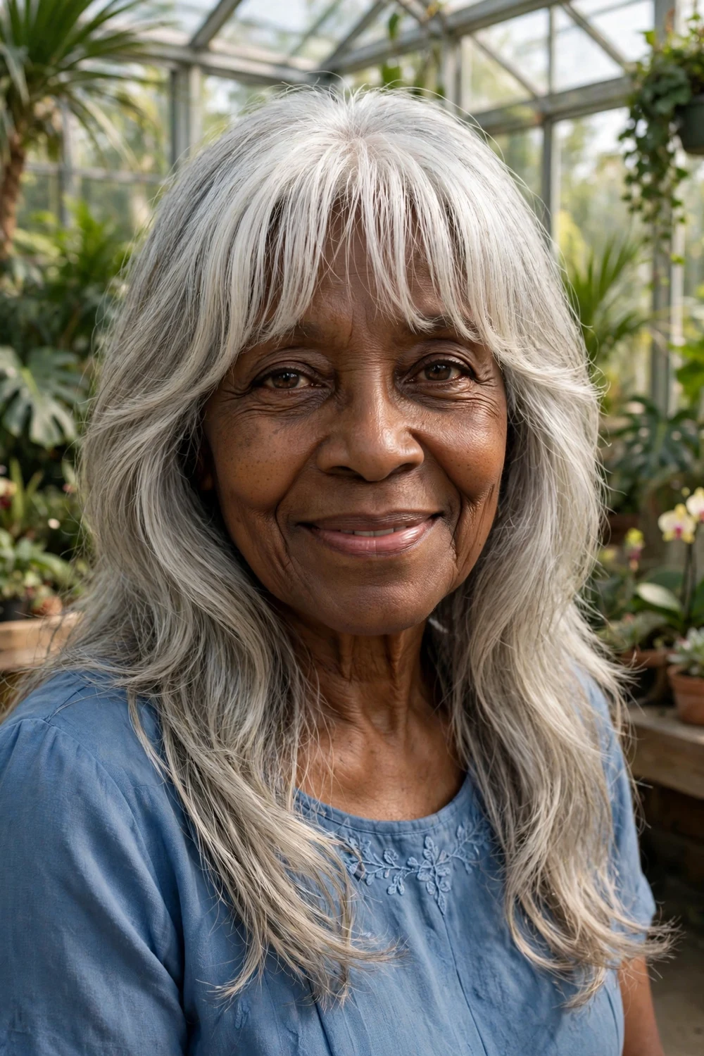 Black woman in her early 70s with white face-framing bangs and long silver hair