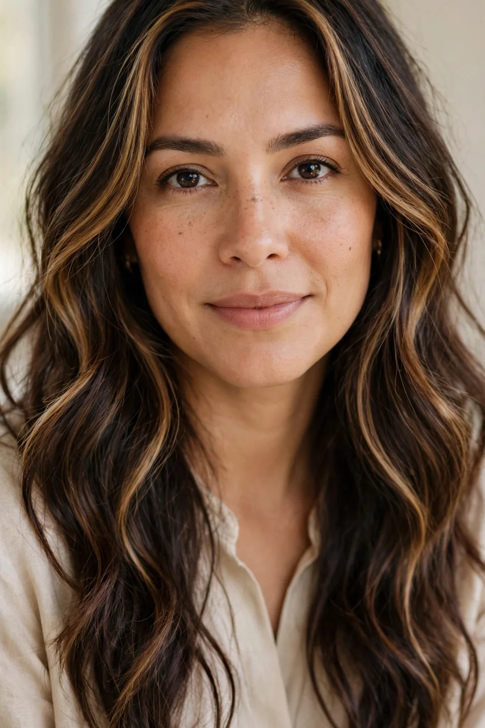 Woman with long dark brown hair, caramel highlights framing her face, soft waves, natural daylight