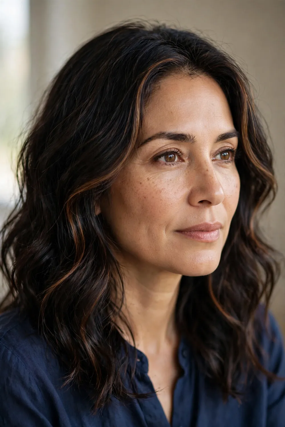 Subtle chestnut face-framing highlights on dark wavy hair