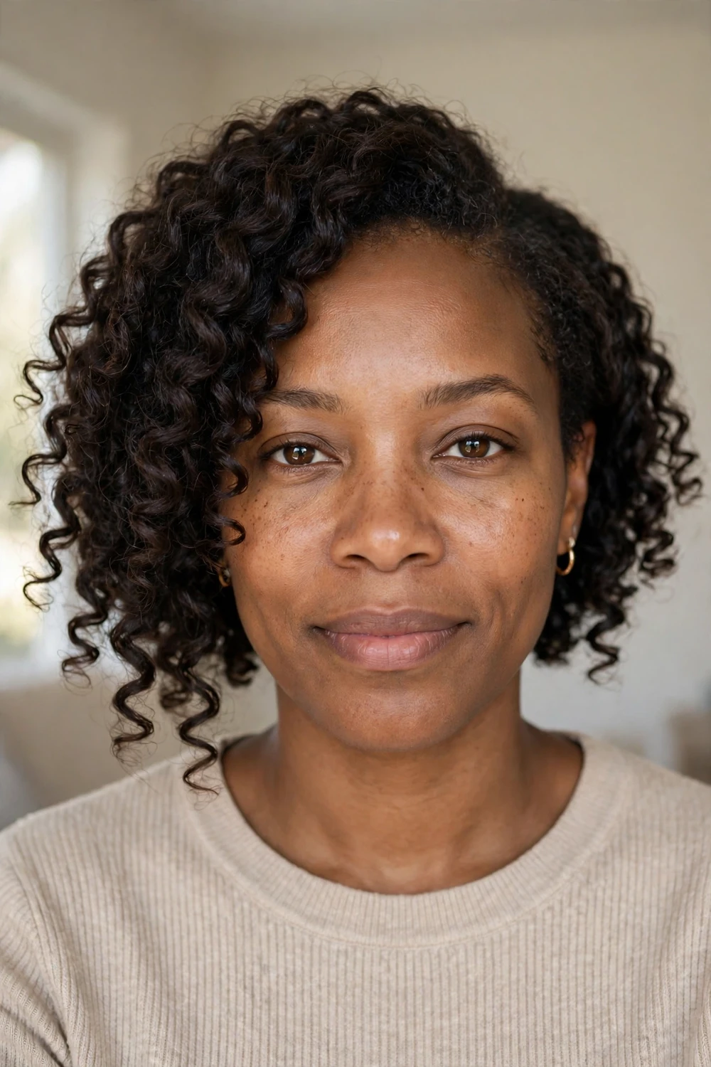 Angled lob with defined face-framing curls on the longer front sections
