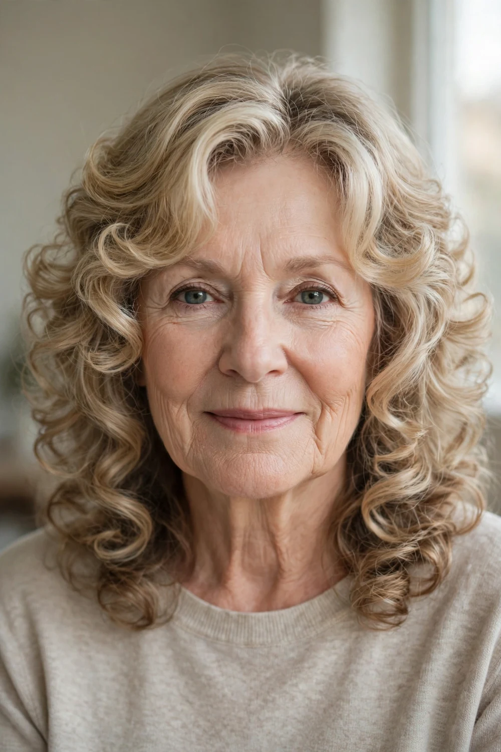 Woman over 60 with face-framing curly layers