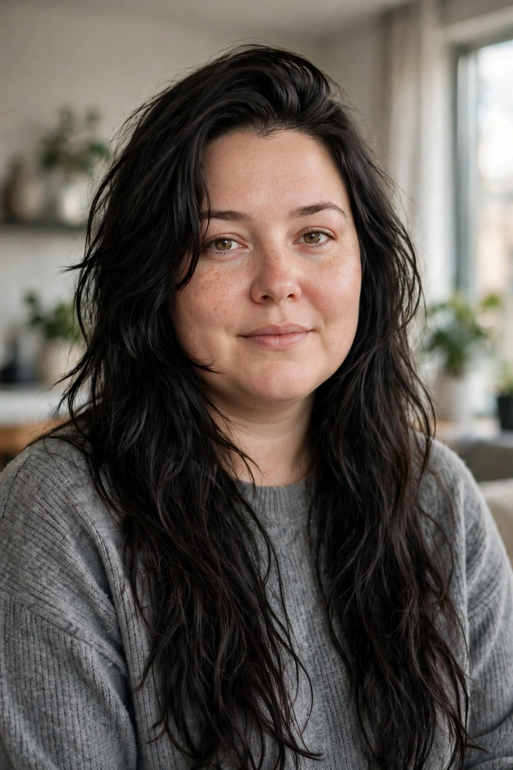 Woman with a round face and long dark hair with bold disconnected face-framing layers