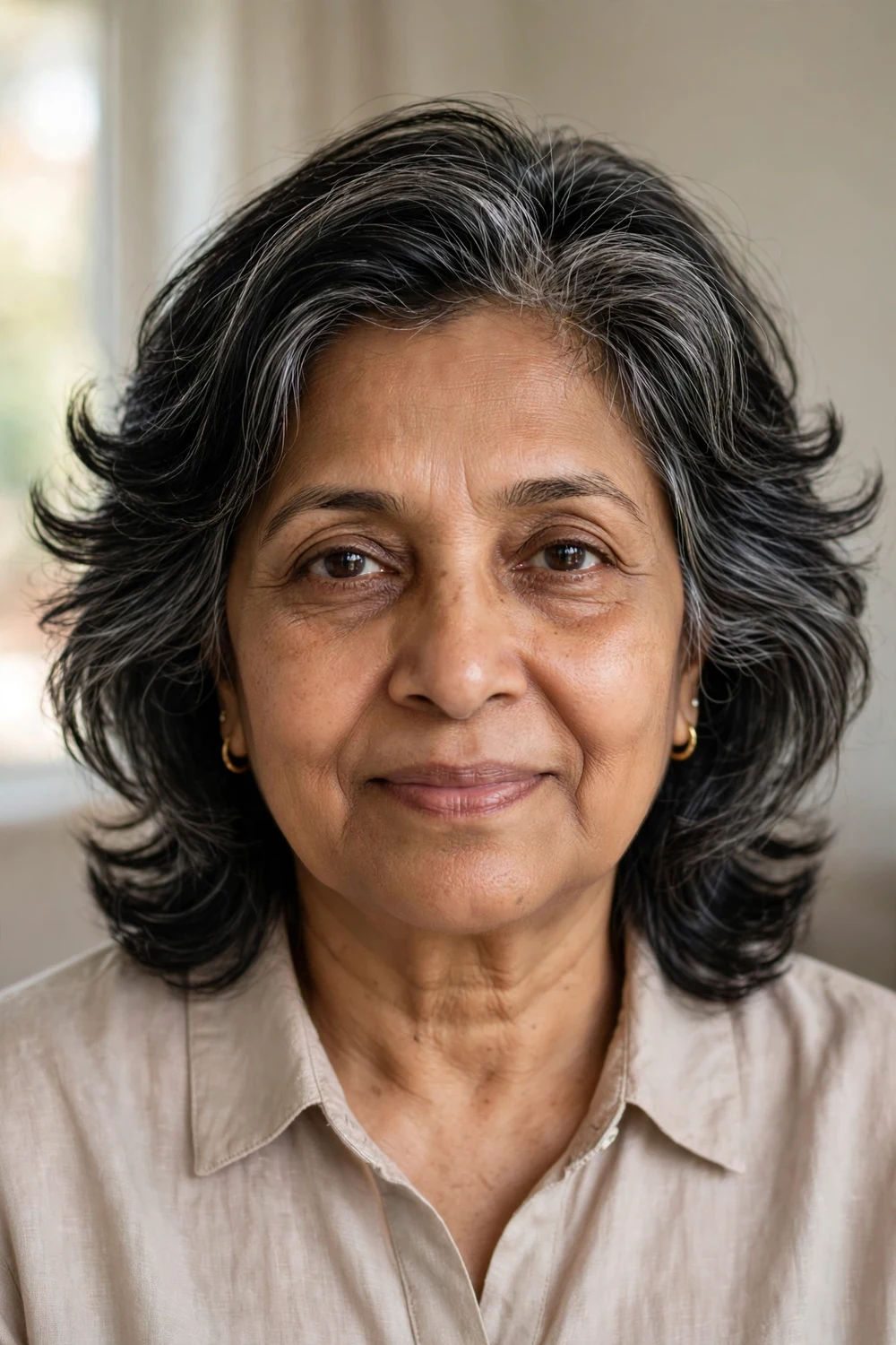 Woman over 50 with face-framing layers feathered back