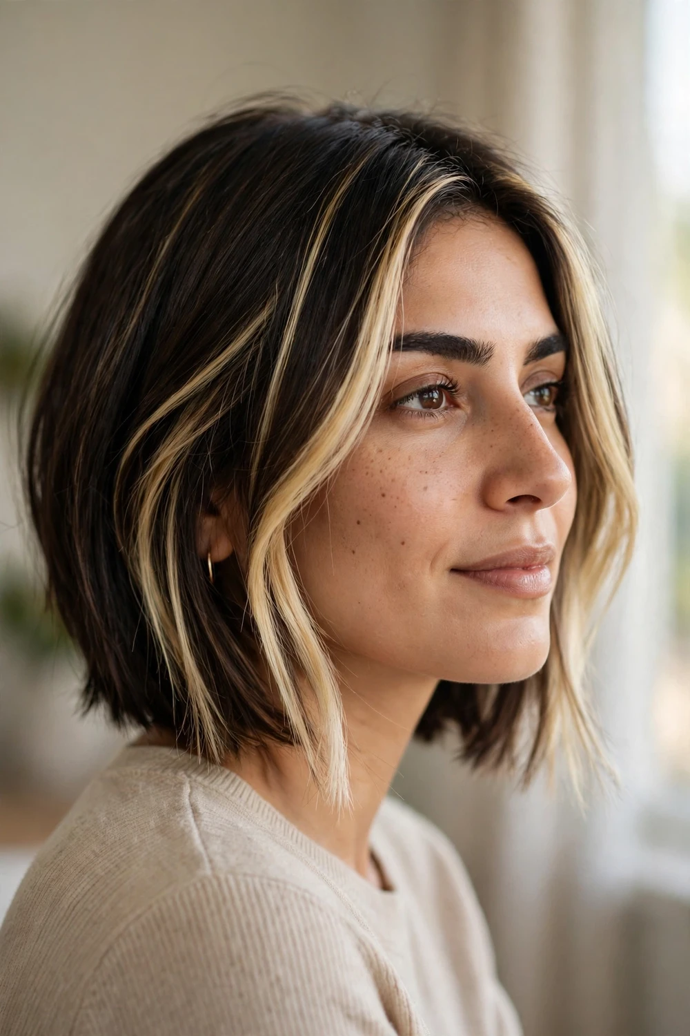Angled bob with bright face-framing highlights on the front pieces