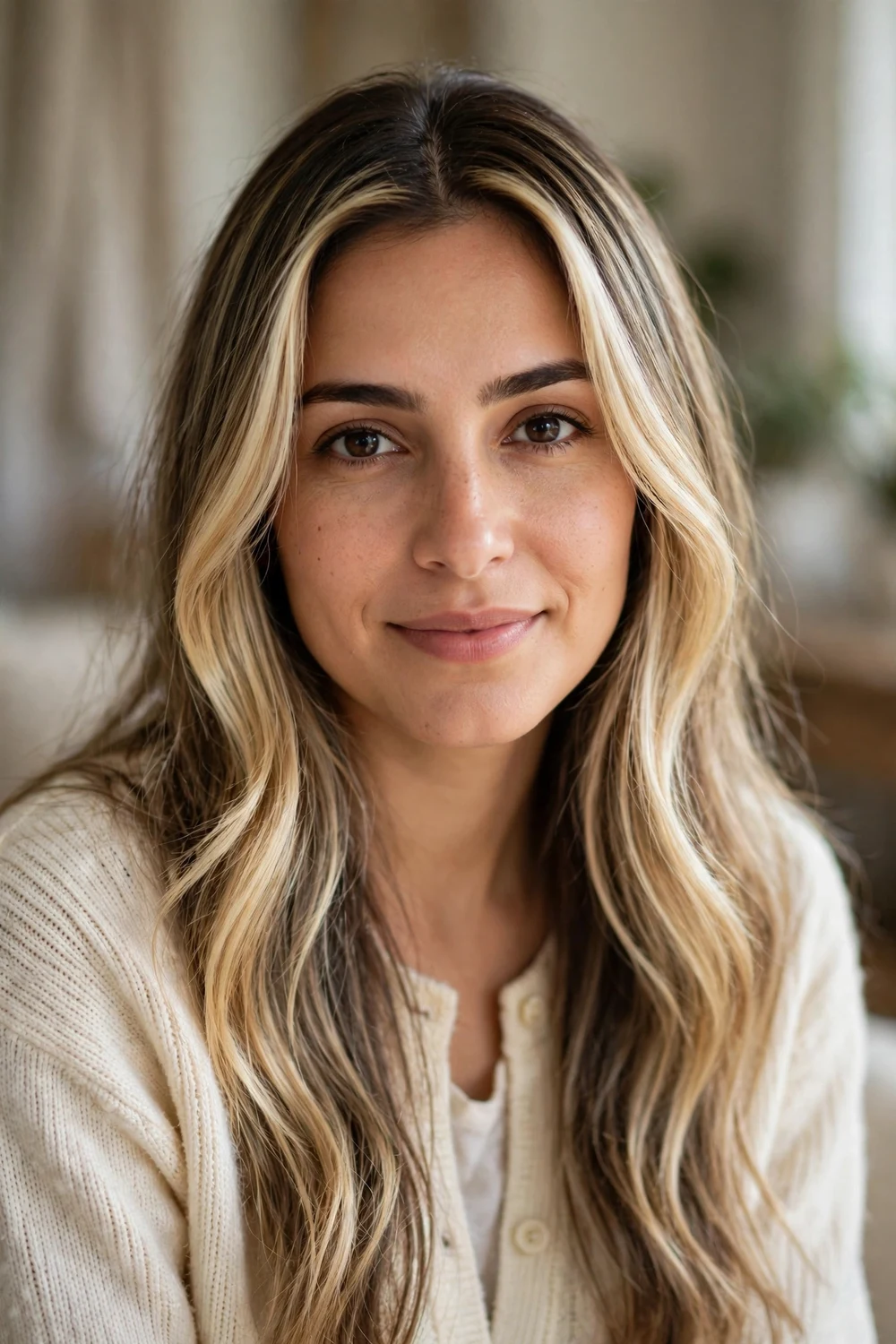 Middle Eastern woman in her late 20s with long dirty blonde hair and bright face-framing blonde highlights around her face
