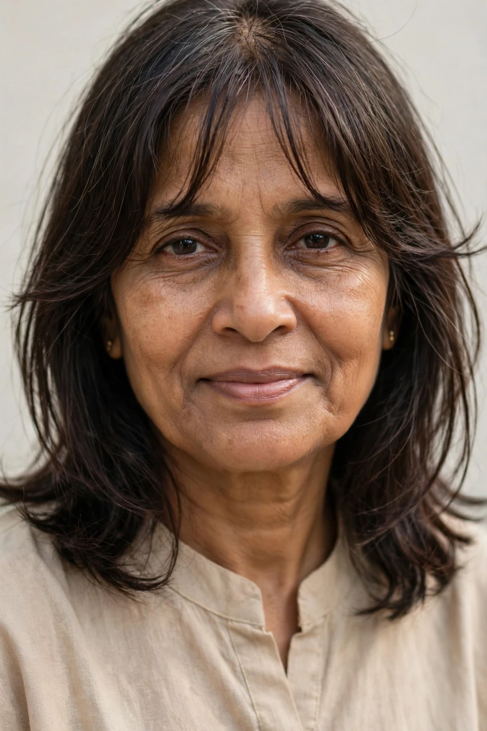 Woman in her 50s with face-framing layers and curtain bangs adding volume around thin hair
