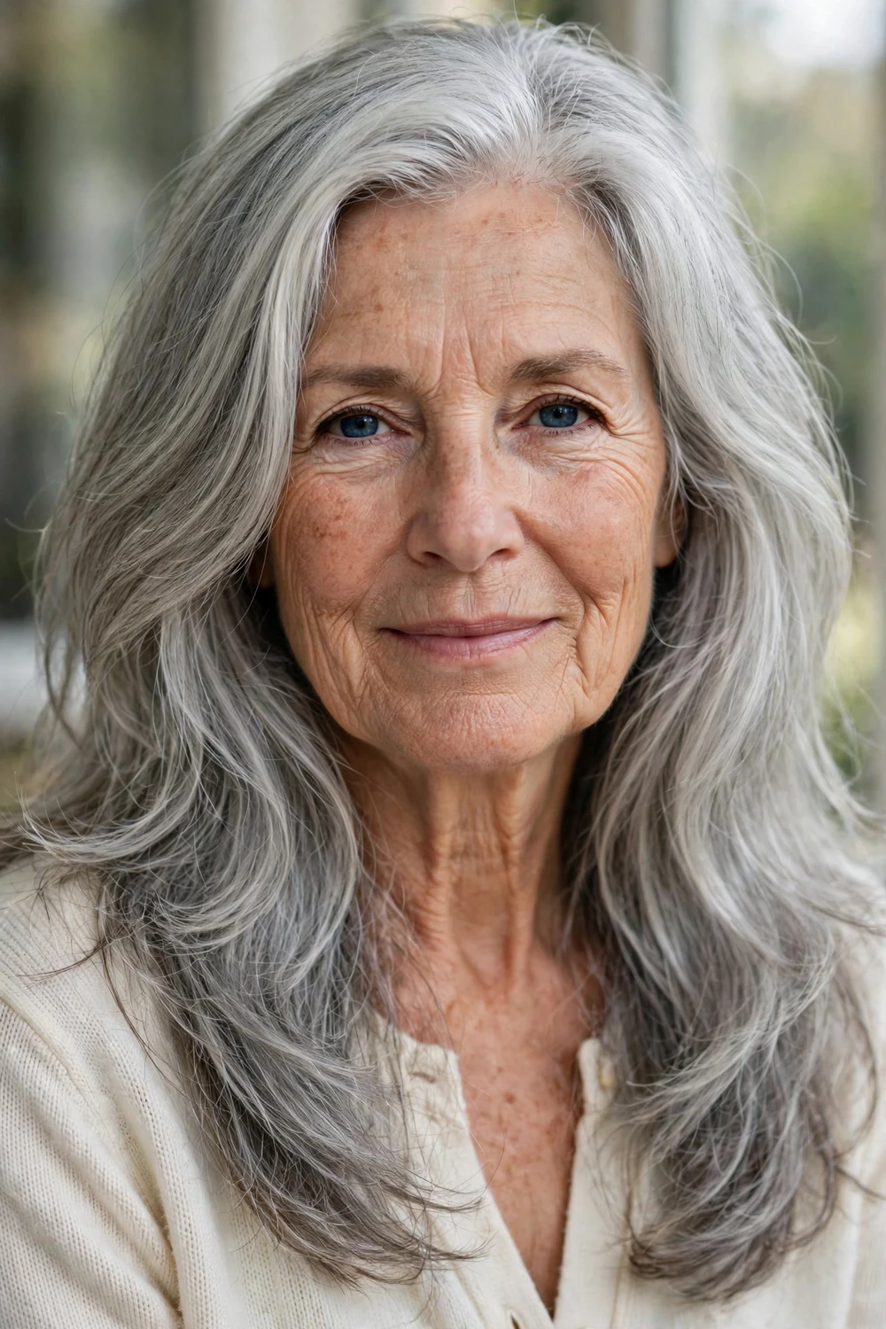 Woman in her 60s with face-framing layers softening the jawline, three-quarter view
