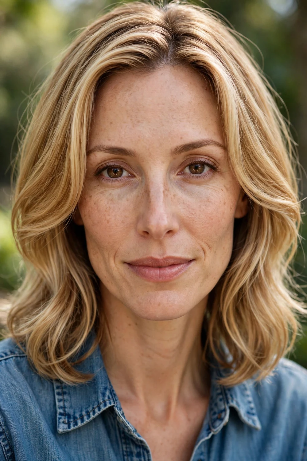 Woman with a long oval face wearing a mid-length cut with face-framing layers curving inward at the cheeks
