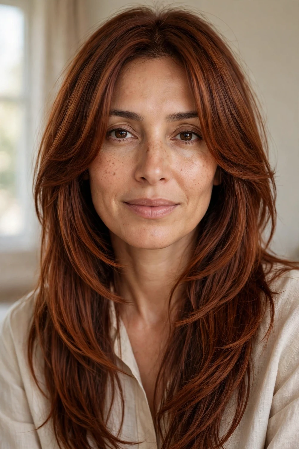 Woman with long black hair with face-framing layers starting at the chin, front view