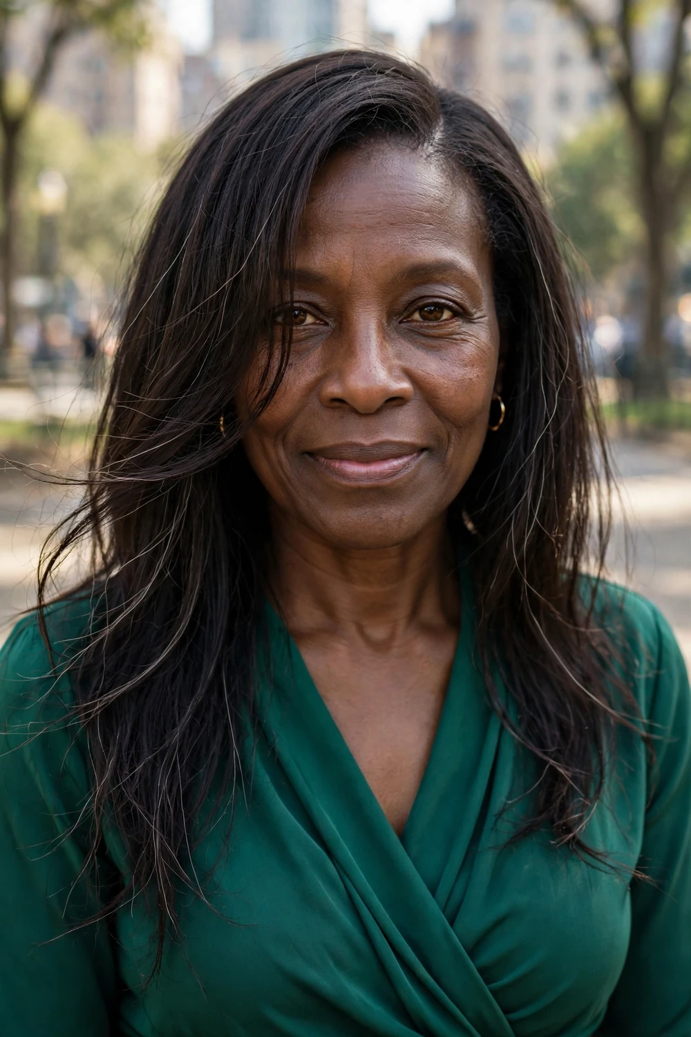 Woman over 50 with long layered hair, deep side part and face-framing layers on thin hair