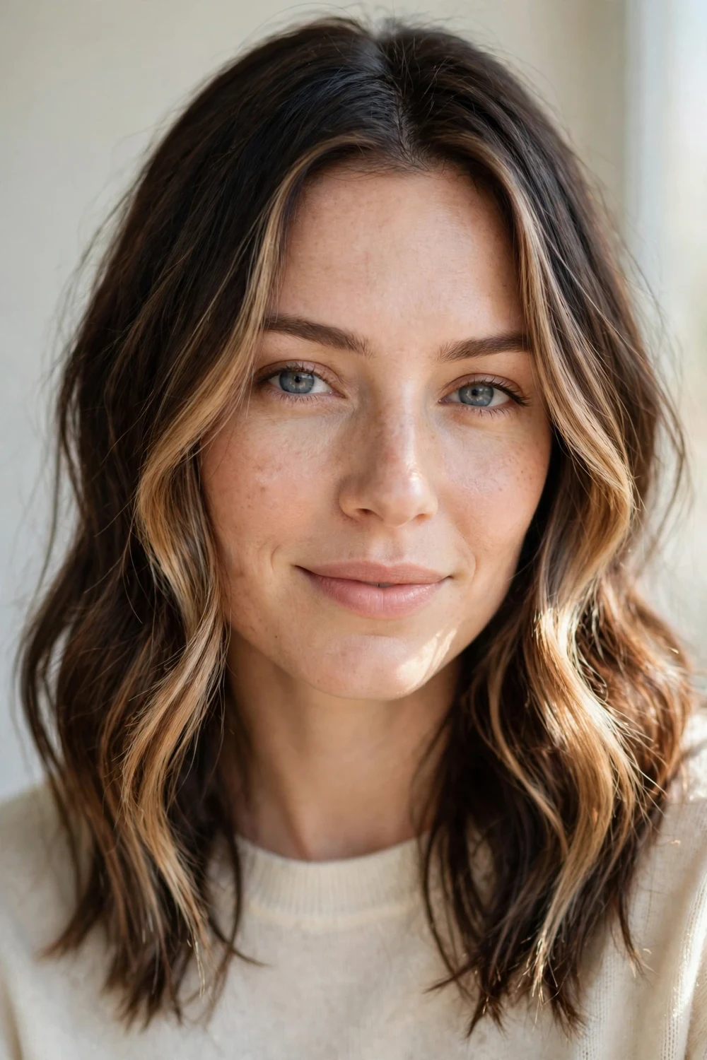 Woman with face-framing partial balayage, lightened pieces around the face