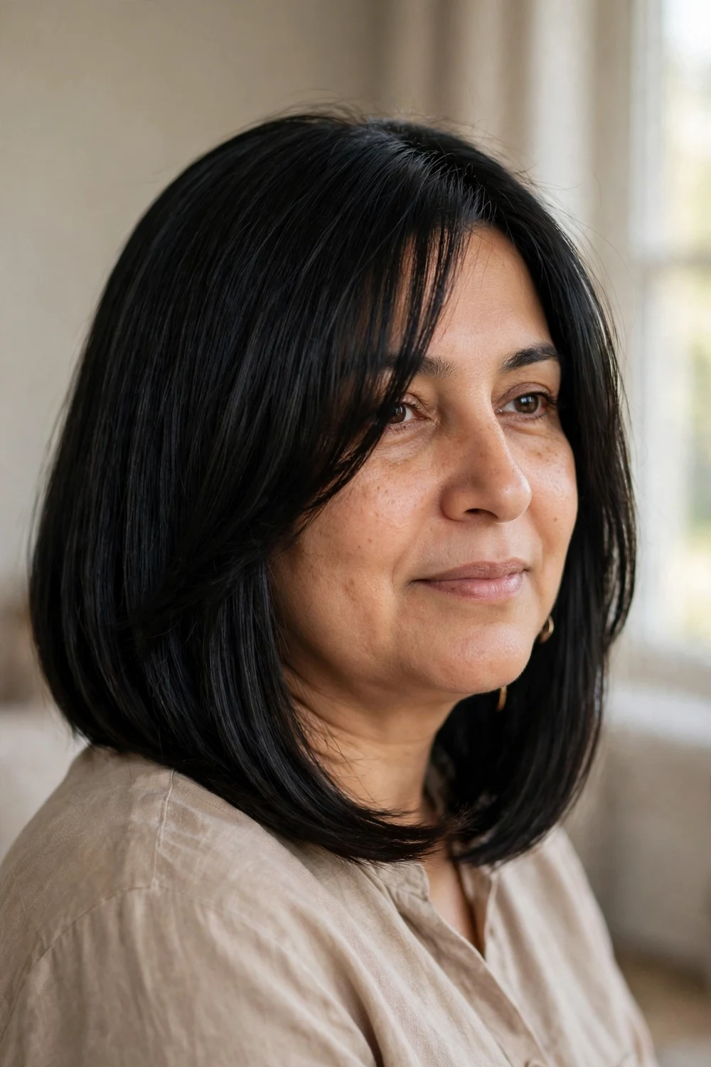 Woman with round face wearing a sleek straight bob with long face-framing bangs