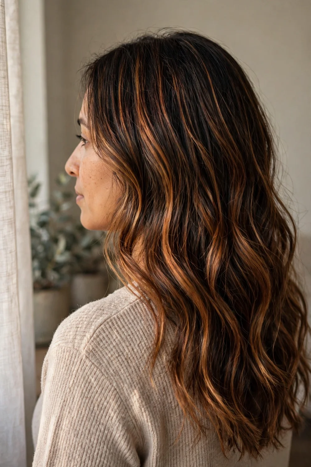 Woman with dark brown wavy hair and warm fall-inspired caramel balayage