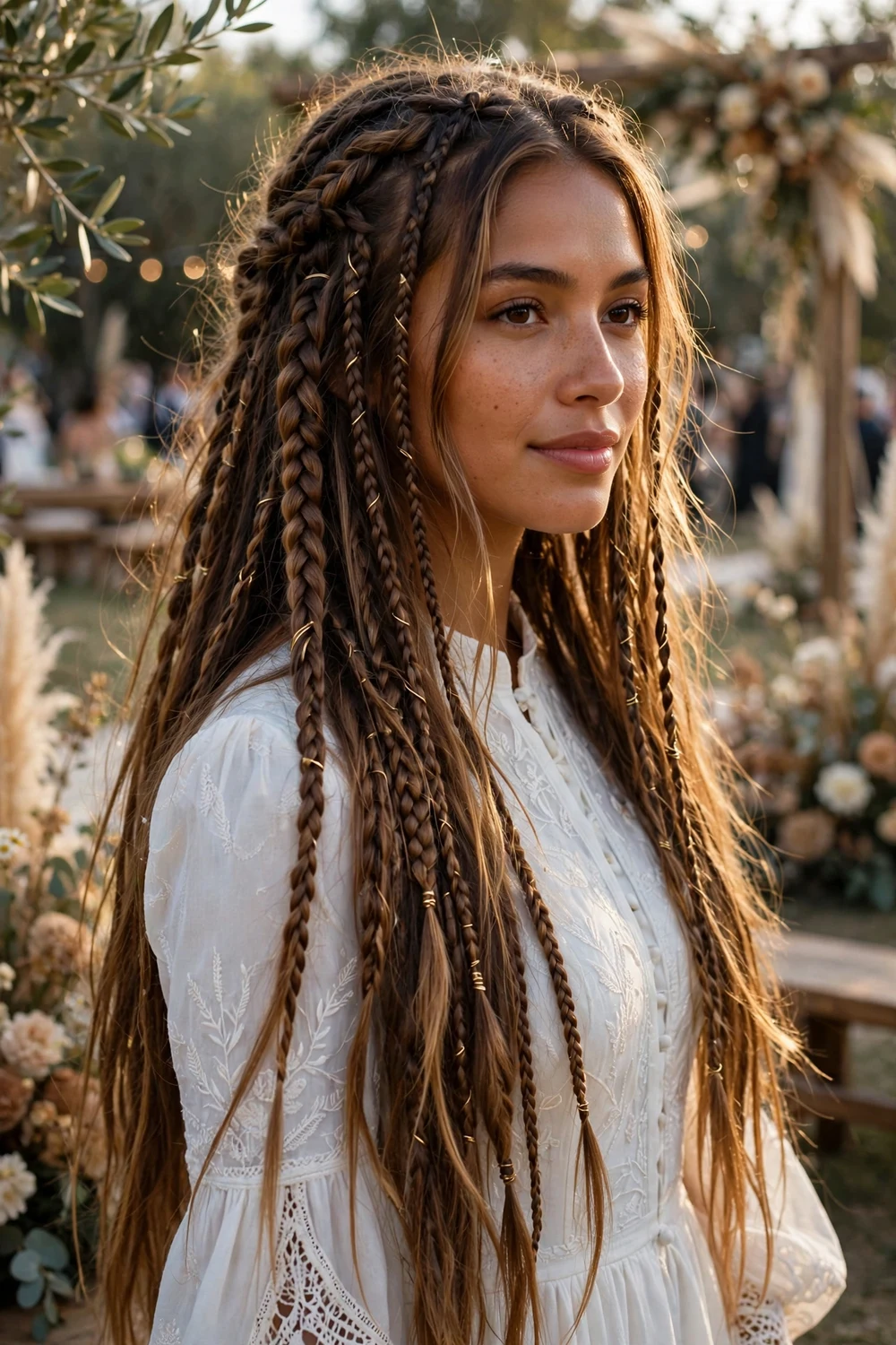Woman with long sun-kissed brown hair in multiple loose boho braids at a festival-style wedding