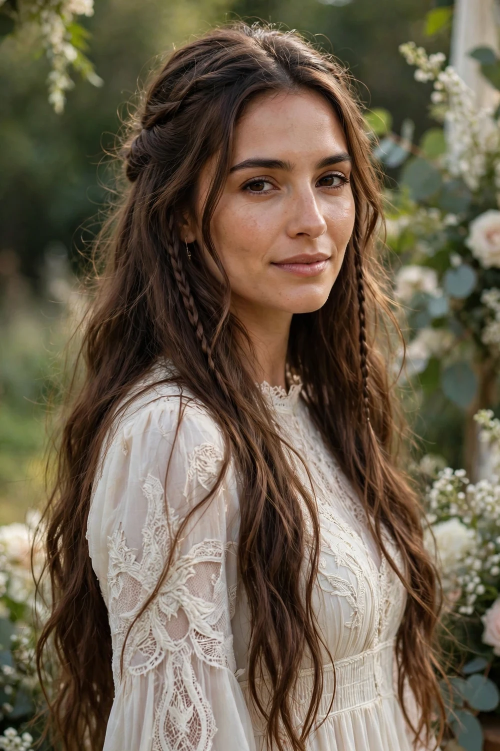 Woman with long brown hair in a relaxed boho half-up style with loose braids at an outdoor wedding