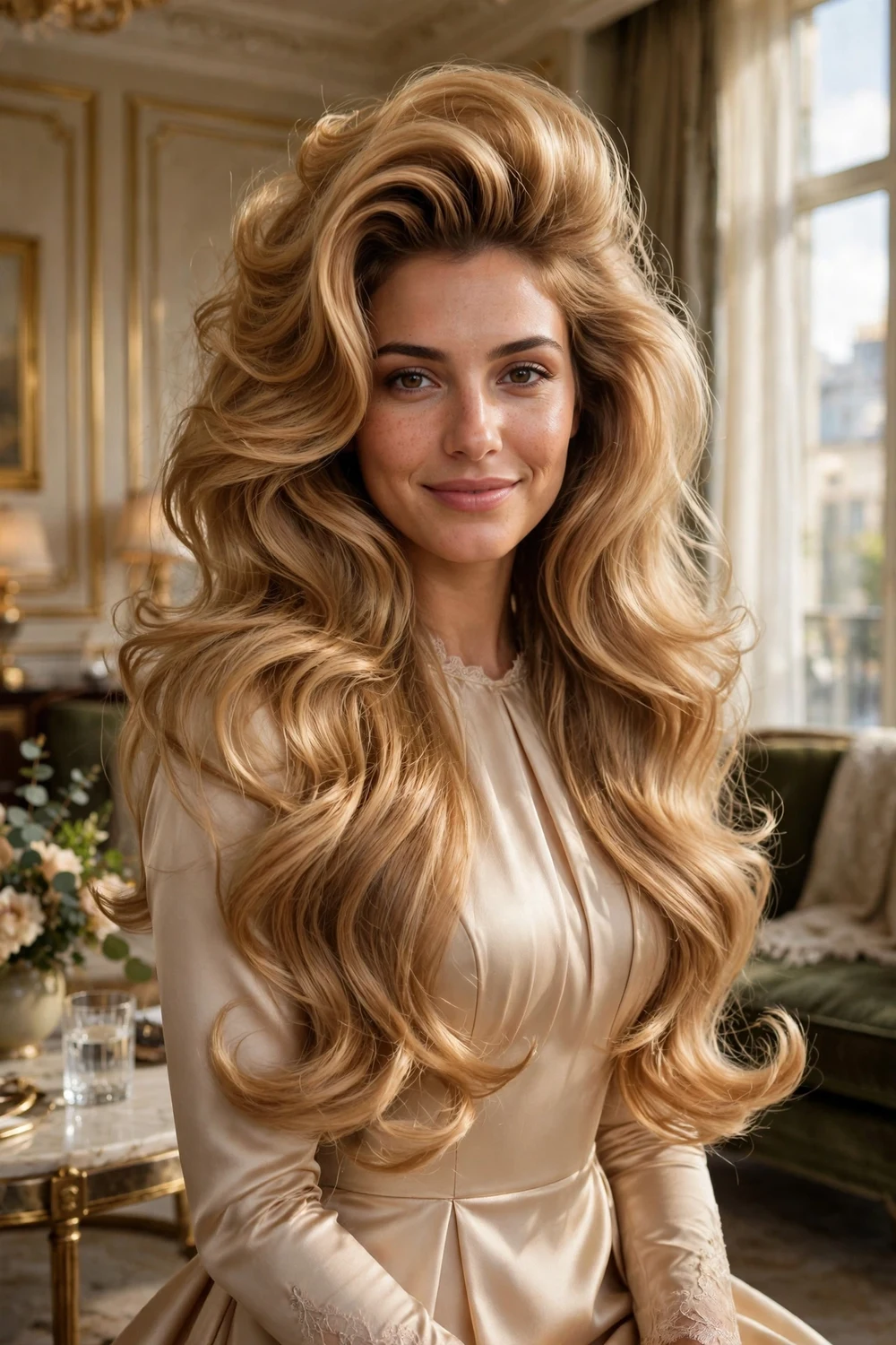 Woman with long honey-blonde hair in a big bouncy bombshell blowout in a hotel suite