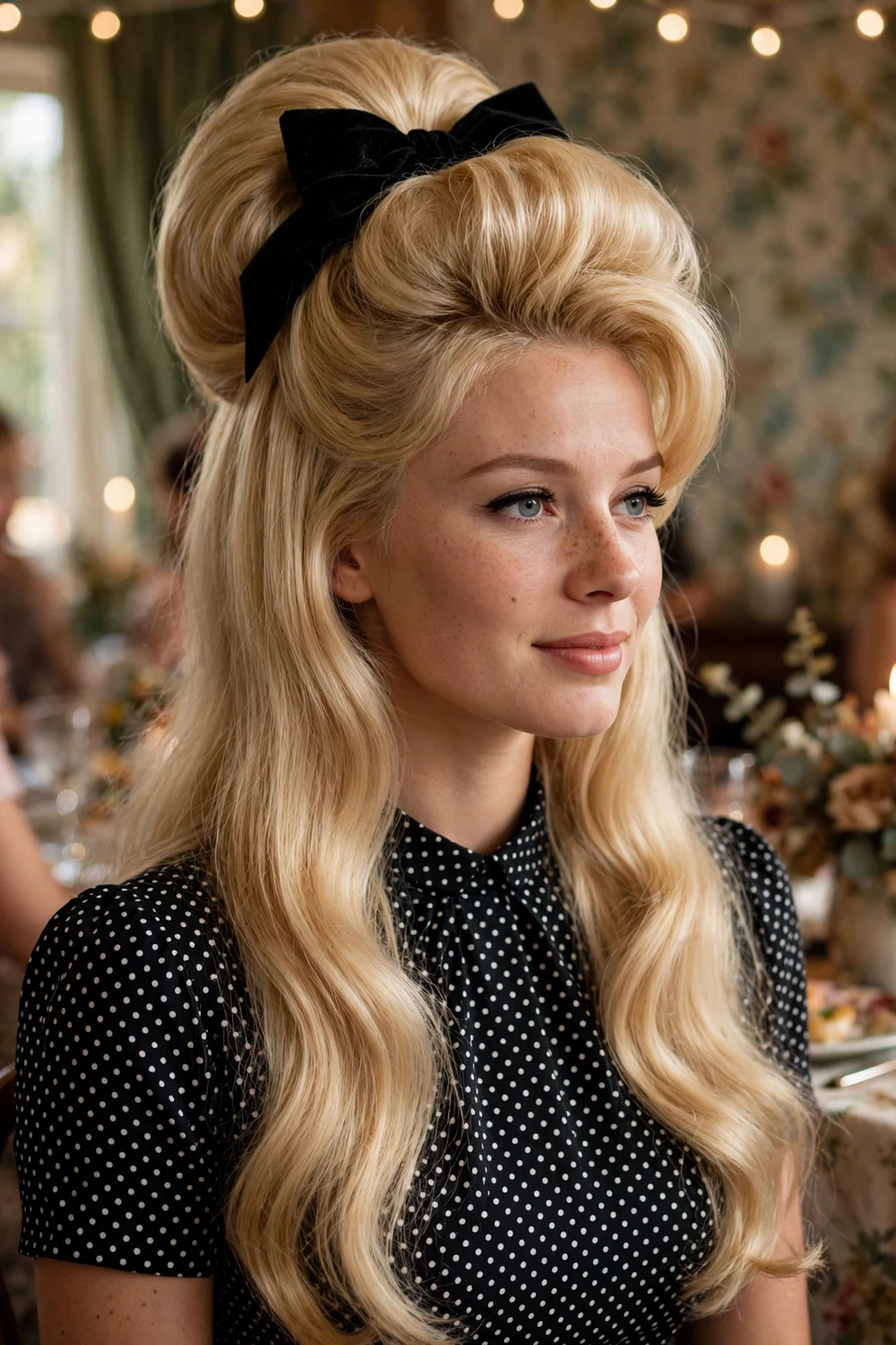 Blonde woman with long hair in a retro bouffant with a velvet bow at a retro-themed party