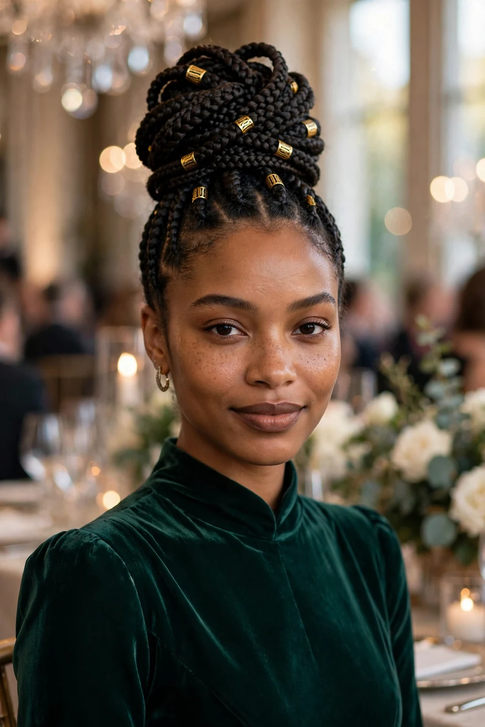 Black woman with long box braids styled into a high wrapped bun at a gala