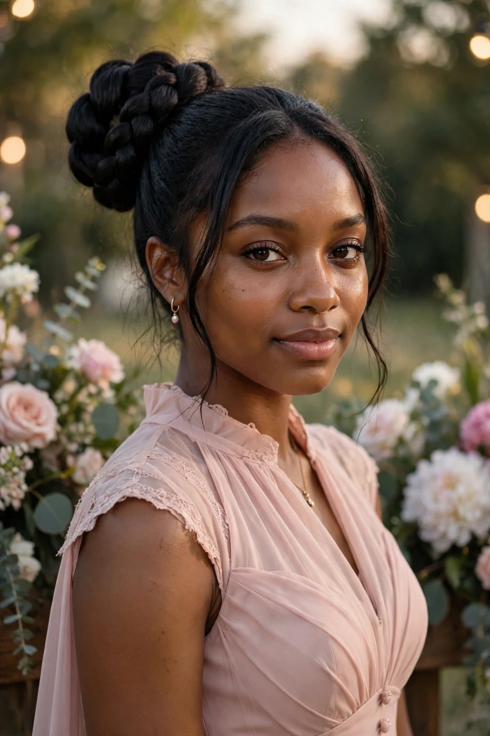 Black woman with long hair in a neat bun coiled from a single thick braid at prom