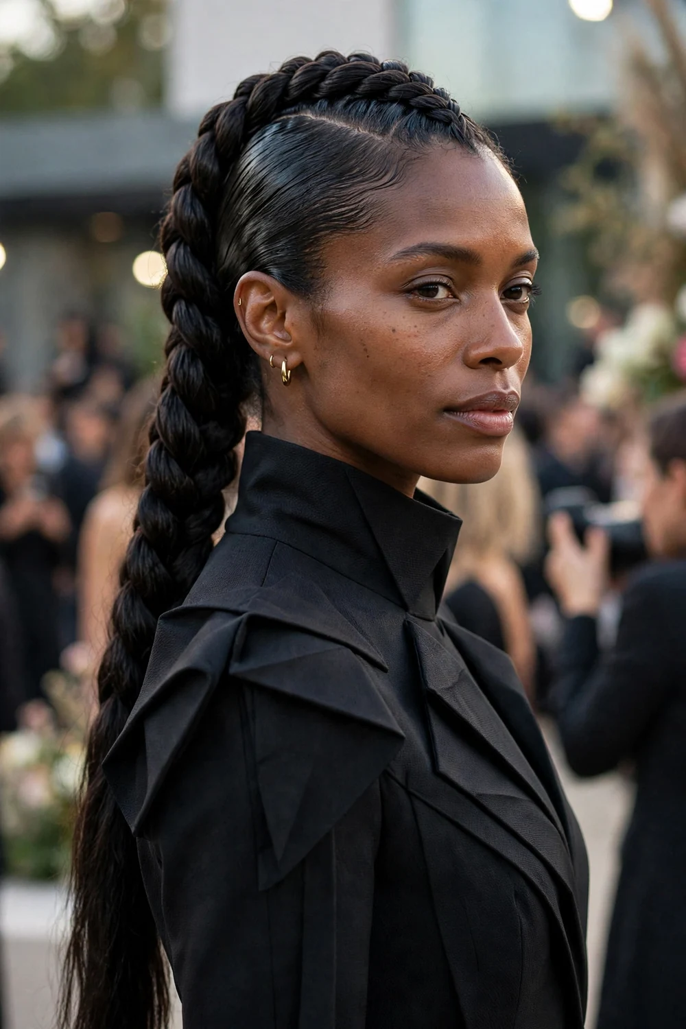 Black woman with long hair in a bold braided faux hawk with sleek sides at a fashion event