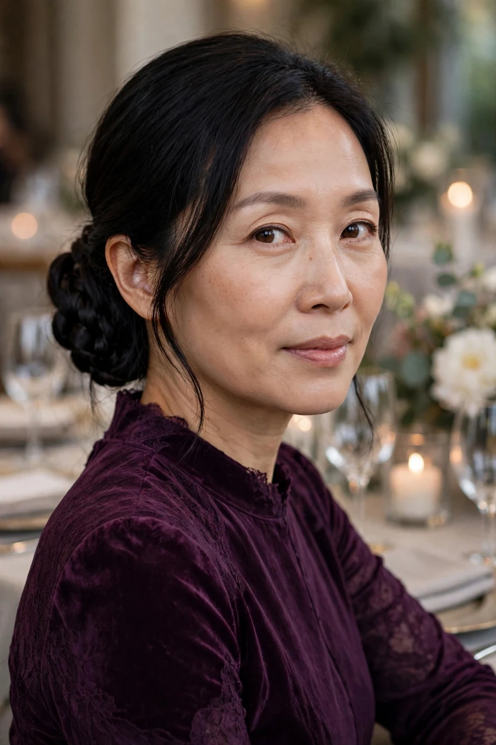 East Asian woman in her 40s with long black hair in a low bun with braided texture at a banquet