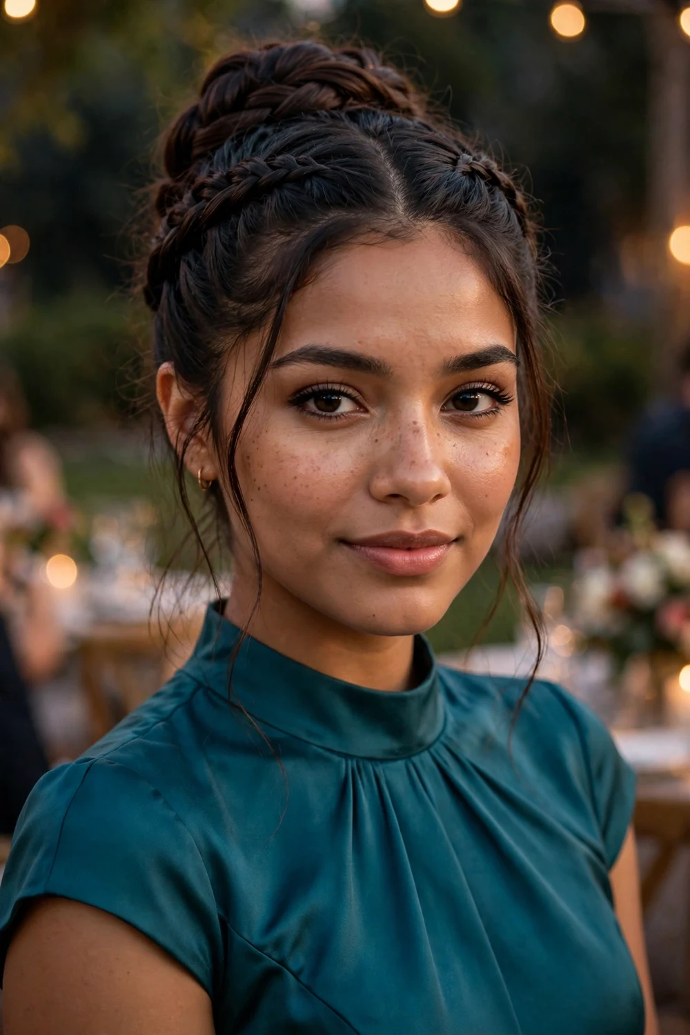 Latina woman with long dark brown hair in a braided updo bun with woven detail at an evening celebration