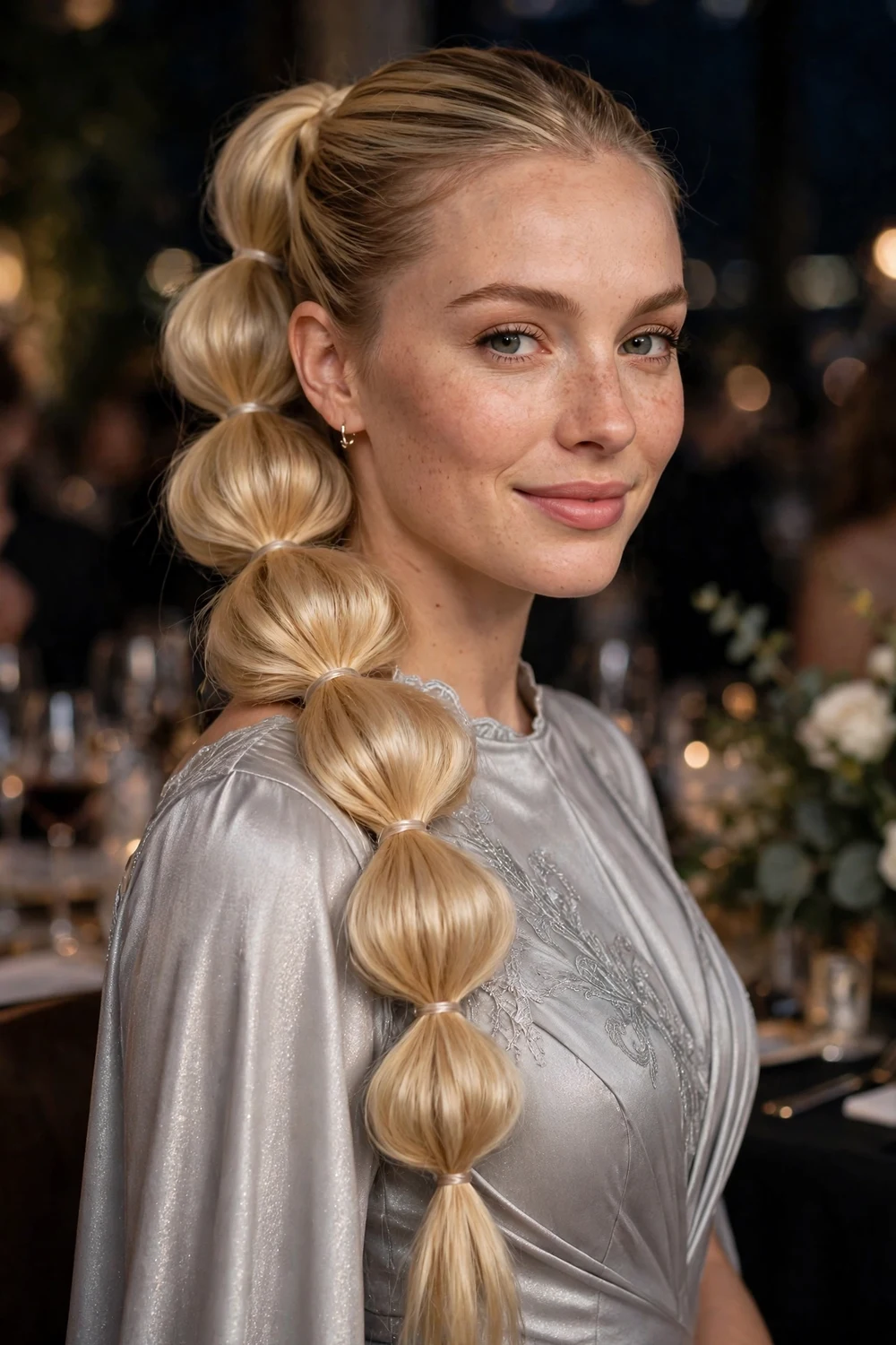 Blonde woman with long hair in a sleek bubble braid ponytail with even puffs at an awards after-party