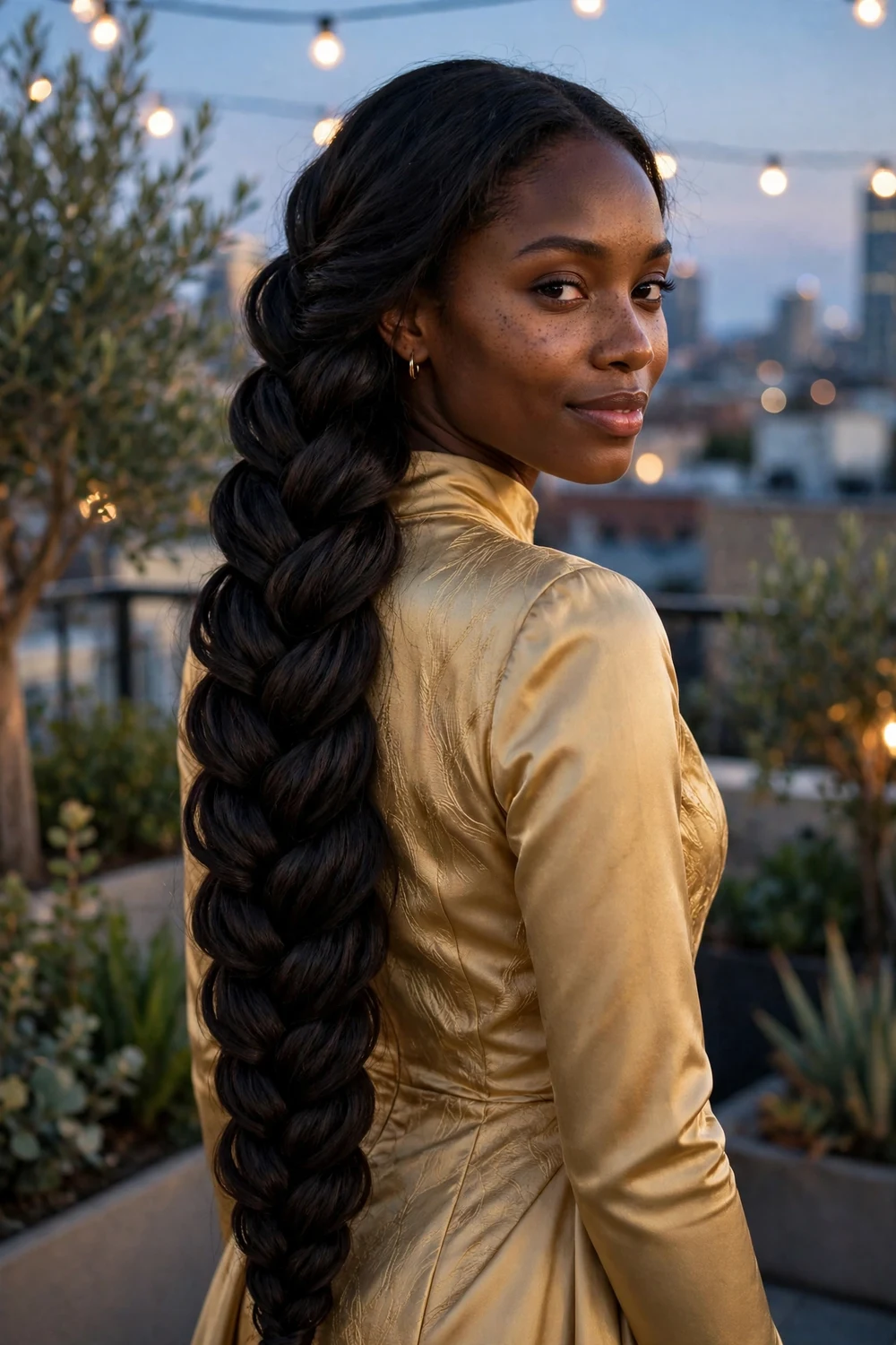 Black woman with long dark hair in a full pancaked layered fishtail braid at a rooftop event