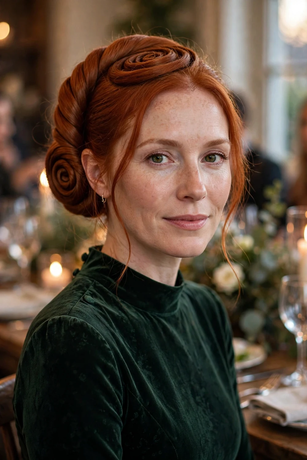 Red-haired woman with long hair in a twisted cinnamon bun coil at a dinner party