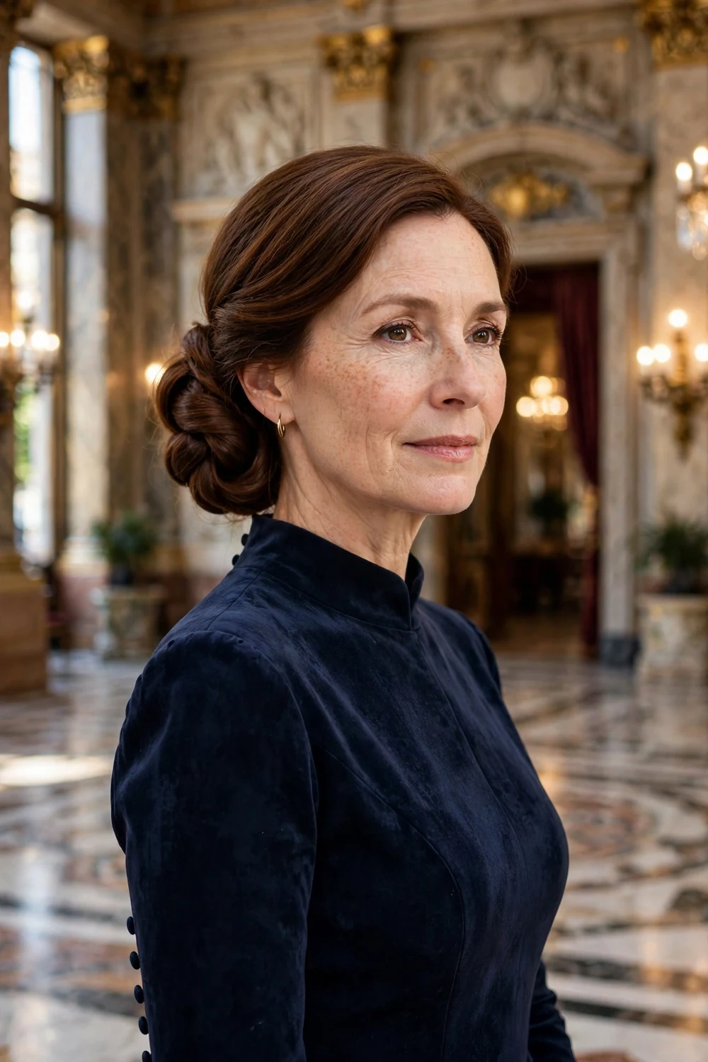 Woman in her 40s with long chestnut hair in a classic twisted chignon at the nape at the opera