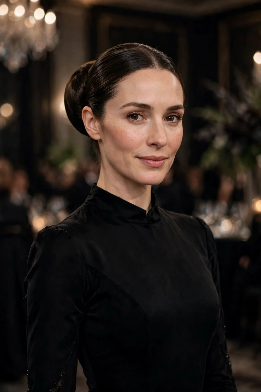 Woman with long dark brown hair in a smooth classic round bun at a black-tie gala