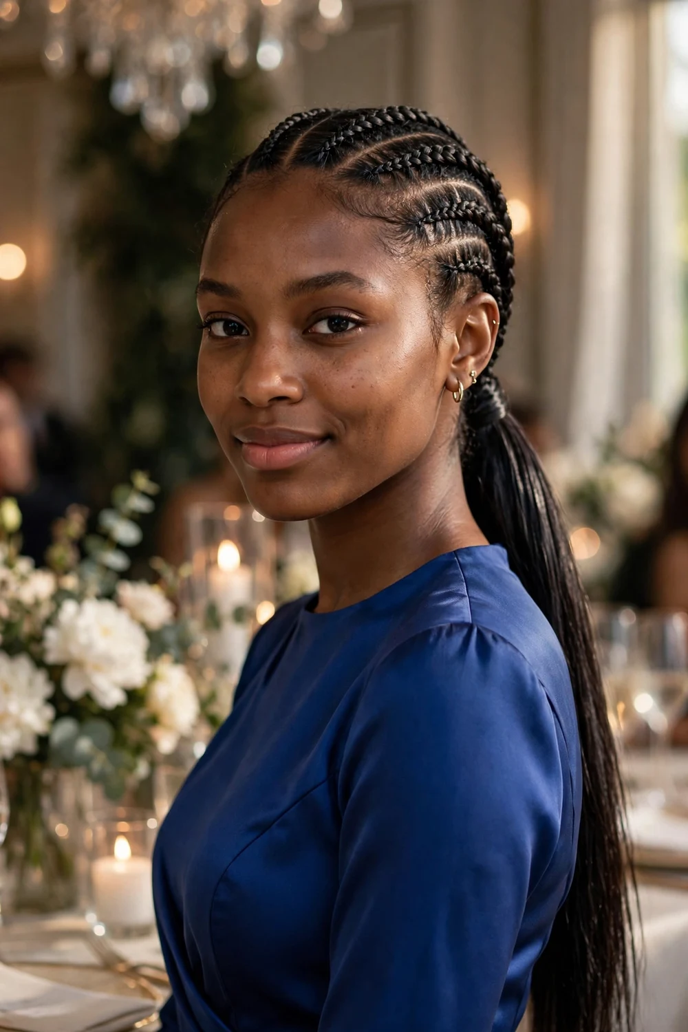Black woman with long hair in neat cornrows flowing into a sleek low ponytail at an upscale party
